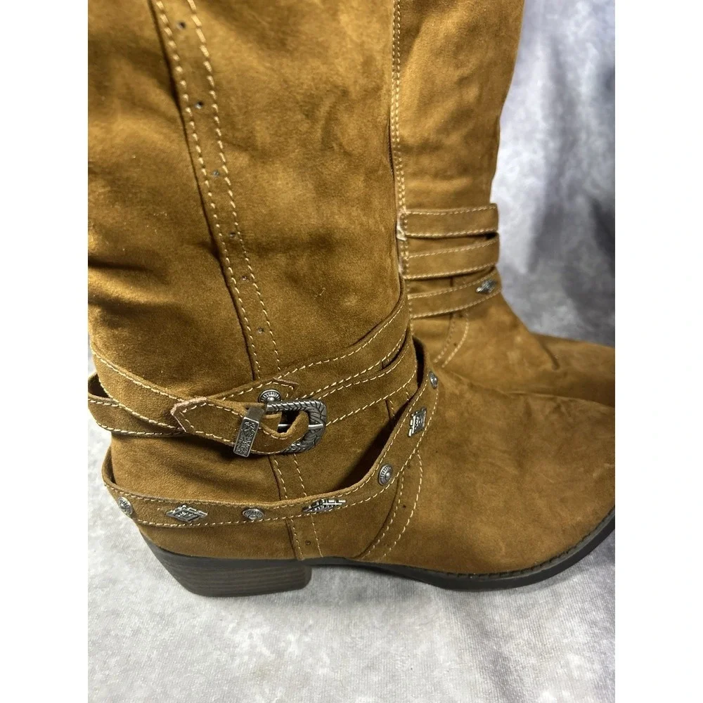 Mudd Women's Size 9W Wide Cognac Knee High Boots Faux Suede Harness Side Zip